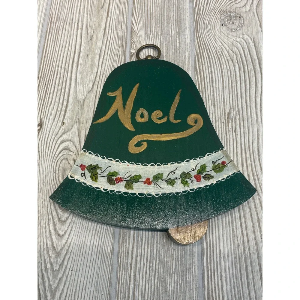 Vintage Hand Painted Wood Christmas Bell Wall Decor Joy Noel Red Green Set of 2